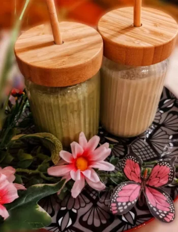 Probiotischer Shake, Shake aus Milchkefir, fermentiert, Rhabarber, Erdbeere, Rezept, Keto