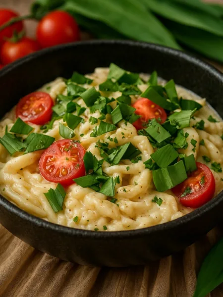 Hühnernudeln mit Gorgonzolasoße, Keto, Bärlauch