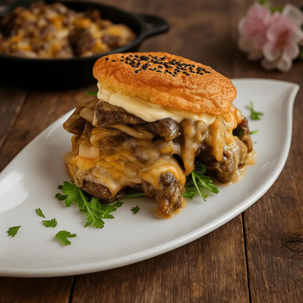 Keto Philly Cheesesteak Burger mit Lamm und Rind