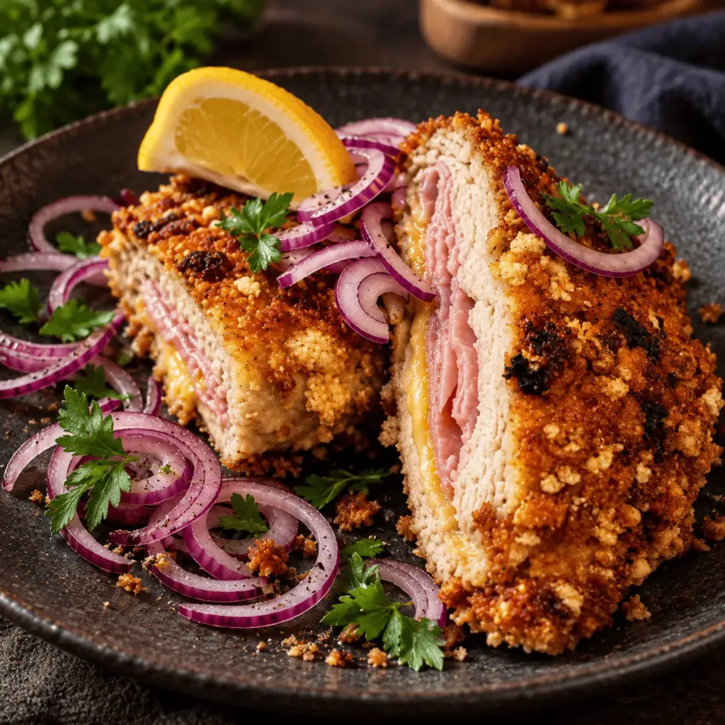 Keto Cordon Bleu, Hühnchen, Huhn, Hühnerbrust, Panada, klassisches Cordon Bleu, Schinken, Käse, KetoChameleons