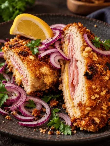 Keto Cordon Bleu, Hühnchen, Huhn, Hühnerbrust, Panada, klassisches Cordon Bleu, Schinken, Käse, KetoChameleons