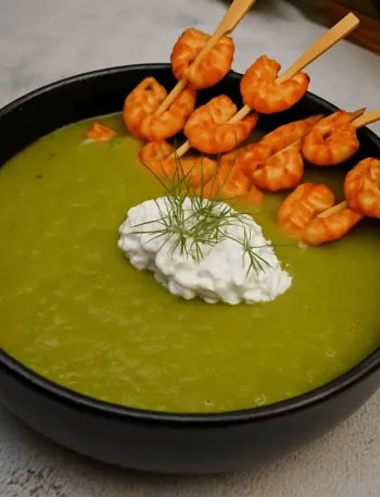 Keto Brokkoli Suppe mit Hüttenkäse und Garnelen