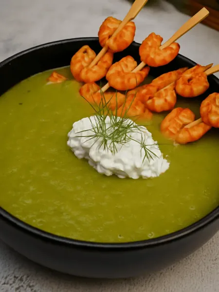 Keto Brokkoli Suppe mit Hüttenkäse und Garnelen