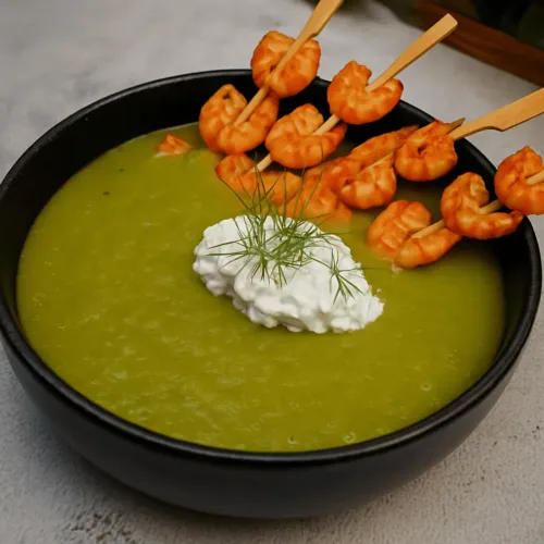 Keto Brokkoli Suppe mit Hüttenkäse und Garnelen