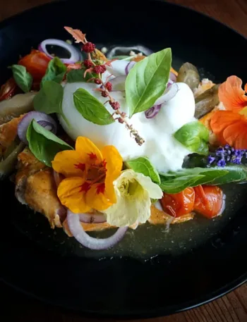 Keto Haehnchen mit geschmolzenen Tomaten und Burrate1 Zart gegrilltes Hähnchen aus dem Woodfire-Ofen, kombiniert mit geschmolzenen Tomaten, cremiger Burrata und frischen Kräutern. Edle Blüten sorgen für Farbe, Aroma und einen Hauch Raffinesse. Dieser Keto-Teller ist nicht nur Low Carb, sondern auch ein echtes Geschmackserlebnis für alle, die Feuer, Rauch und Frische lieben.