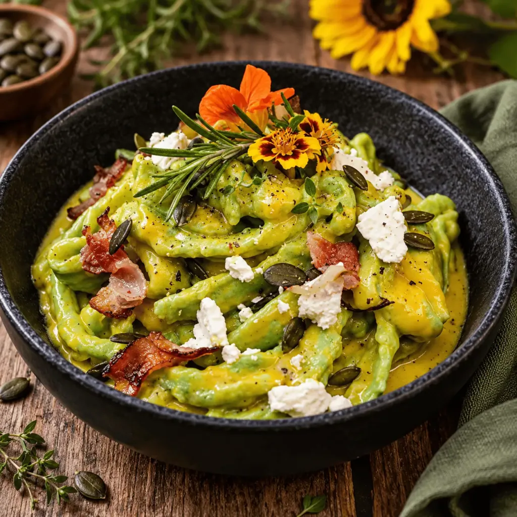 Huehnernudeln-mit-Kuerbissosse, Keto, Herbst, Nudeln, Bacon, Käse, Feta, Keto Nudeln, Nudelgericht, KetoChameleons