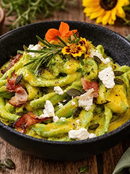 Huehnernudeln-mit-Kuerbissosse, Keto, Herbst, Nudeln, Bacon, Käse, Feta, Keto Nudeln, Nudelgericht, KetoChameleons