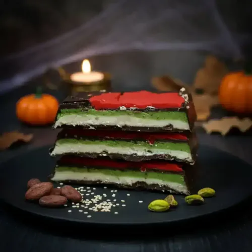 Halloween-Schokolade-Sesam-Pistazie-Keto Schokolade, gefüllte Schokolade, zuckerfrei, KetoChameleons