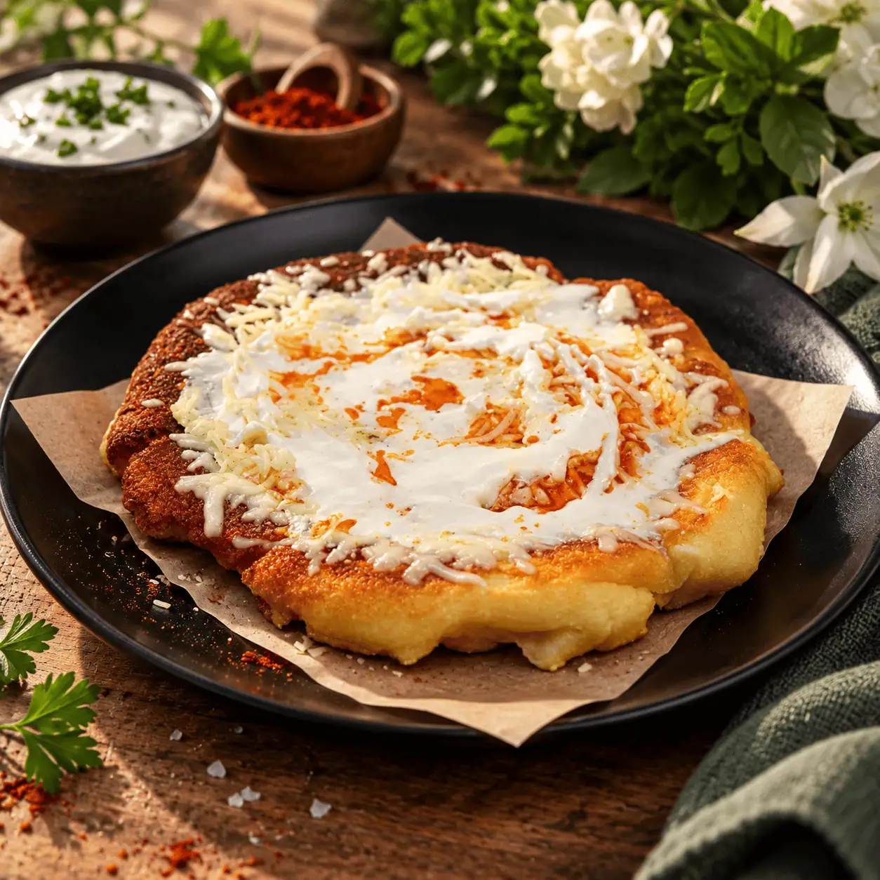 Keto Langos, Hefeteig, Jahrmarkt, Weihnachtsmarkt, Volksfest, High Protein, ungarisch, KetoChameleons