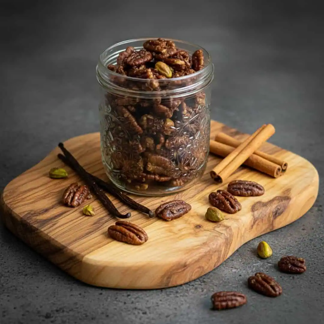 Gebrannte Nuesse Titel 1 2 Keto Hühnchen in Sesam-Pekanuss-Kokossoße – asiatisch inspiriert, cremig, würzig und mit feiner Schärfe. Gesundes Low-Carb-Rezept für aromatischen Genuss, ideal für die ketogene Ernährung.