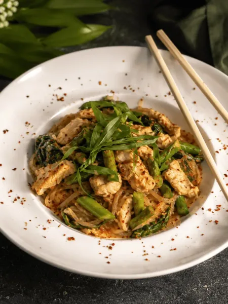 Asiatische Keto Frühlingspfanne, Spargel, Hühnchen, Bärlauch, KetoChameleons