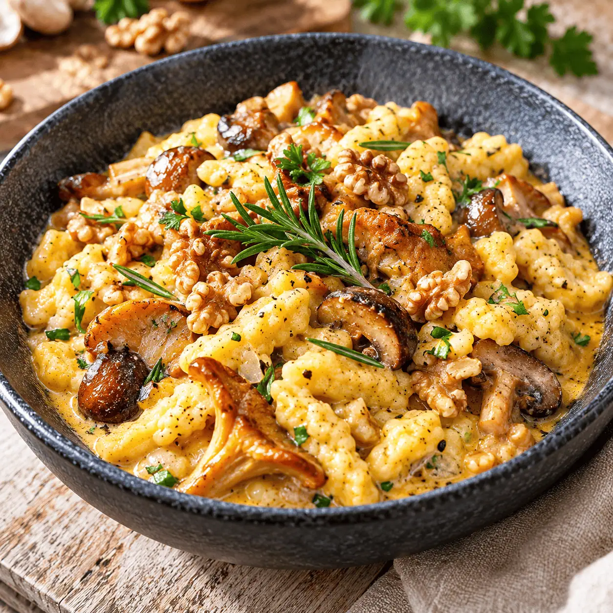 Keto Nudelpfanne, Keto Nudeln, Pilze, Herbst, Kürbis, Spätzlepfanne, Keto Kochen, Walnuss, Rosmarin, Ziegenkäse, HighProtein, KetoChameleons